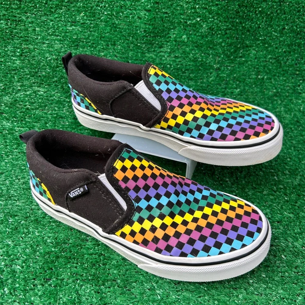 Vans Classic Slip-On Rainbow Checkerboard Black Multi Shoes US Missy 2.0 500714